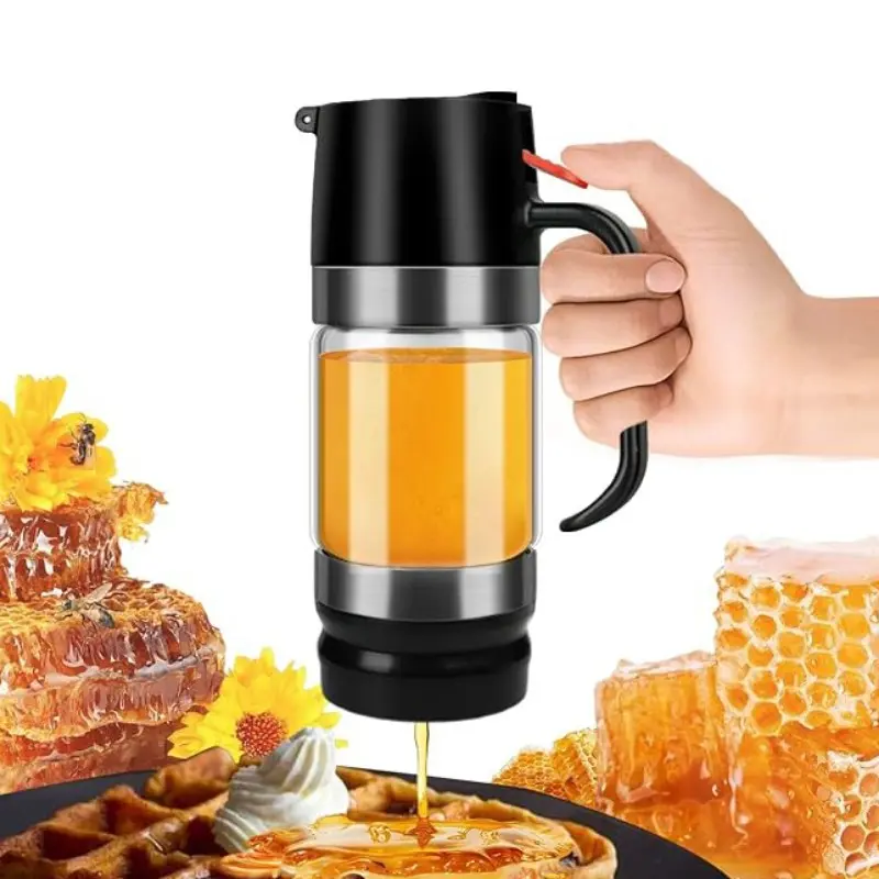 10oz No-Drip Glass Honey Dispenser with Stand – Borosilicate Honey Jar with Ergonomic Handle, Precision Pouring for Honey, Maple Syrup & Chocolate Syrup