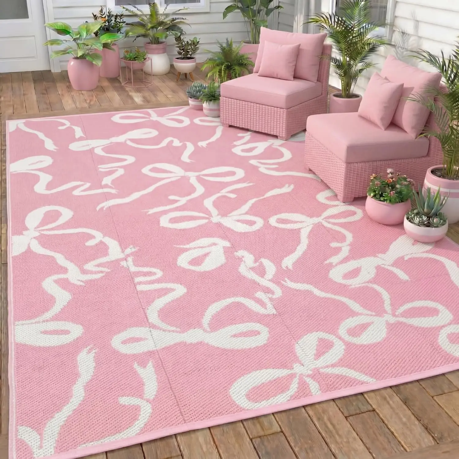 Rug 5x8 ft Reversible Bow Straw Rugs, Light Pink and Beige Coquette Camping Carpet Mat Indoor Rv Mat for Valentine's Day Outside Beach Pool Backyard Deck