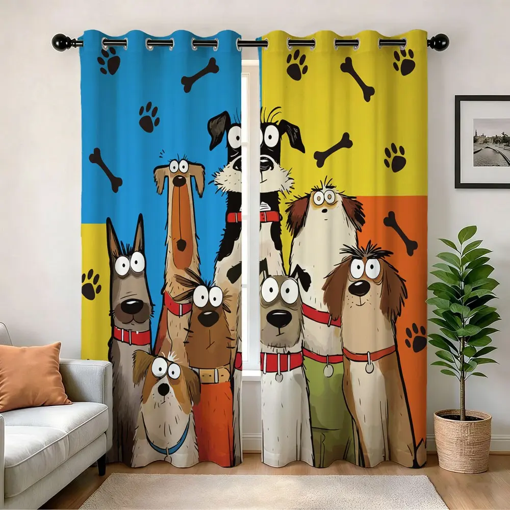 Digital Print Semi-Sheer Drapes, Retro Cartoon Puppy Pattern, 250gsm Polyester, Easy Install, Privacy Curtain for Living Room, Hotel, Caravan