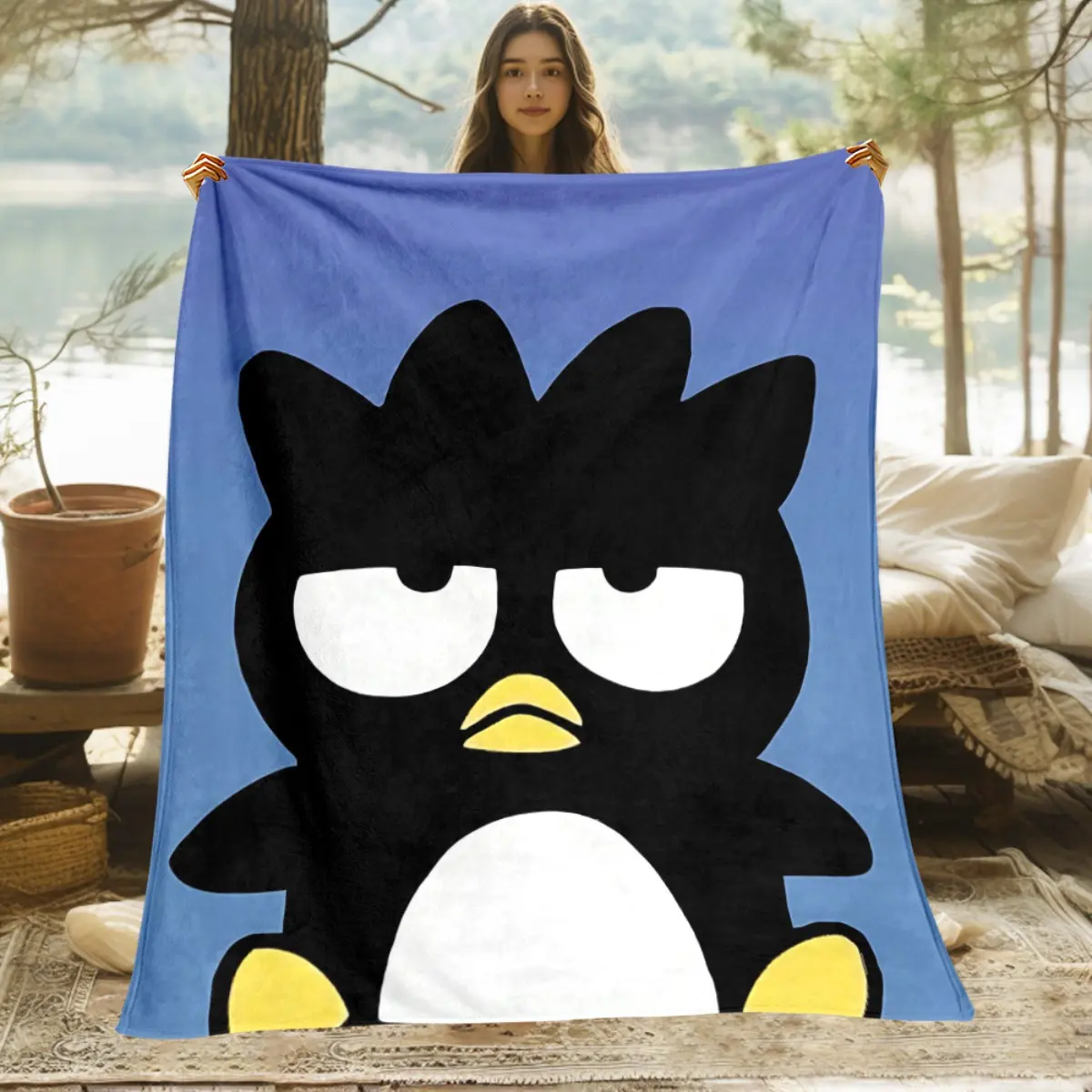 Badtz Maru Large Full Face Royal Blue Background Flannel Throw Blanket Sanrio Penguin Cartoon Warm Blanket Gift Fans All Ages