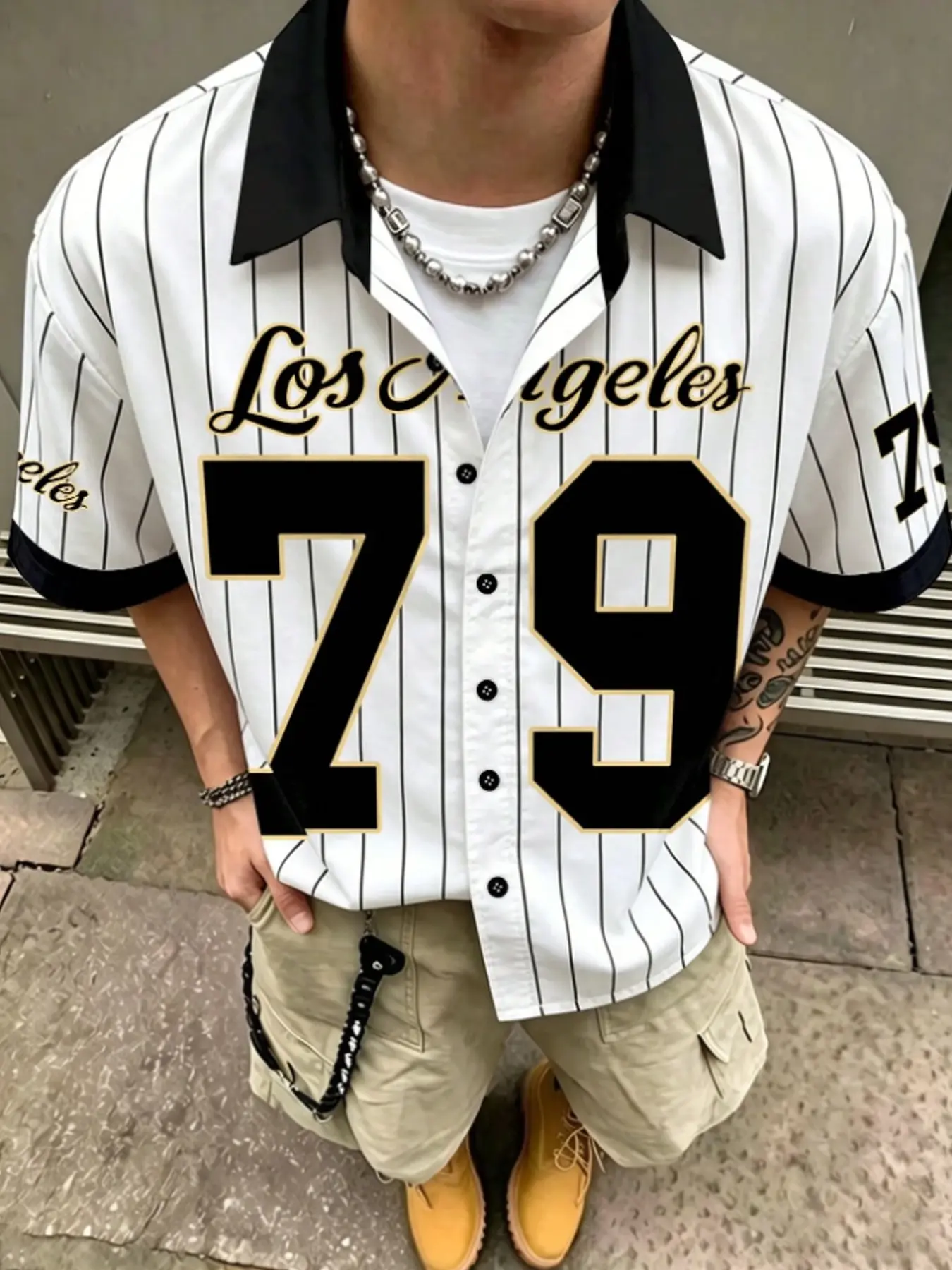 Los Angeles 79 Pinstripe Graphic Baseball Jersey Men Casual Oversized Short Sleeve Button Up Shirt Vintage Aesthetic Streetwear Summer Ready Festival OOTD Outfit