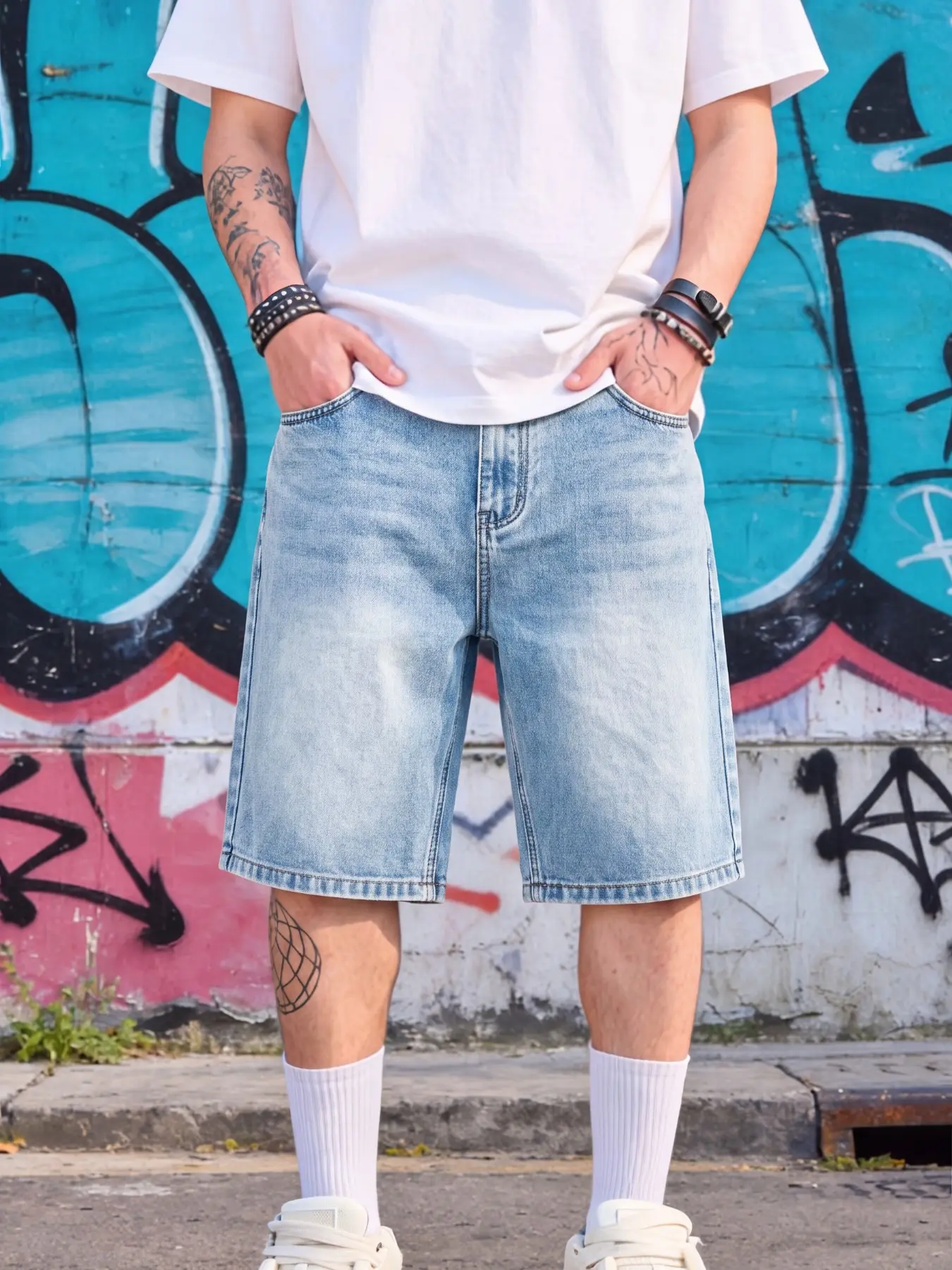 Men's Versatile Denim Jean Shorts, Simple Comfortable Plain Design, Pocket, Washed Vintage Look, Durable Fabric, Essential Summer Fashion Item