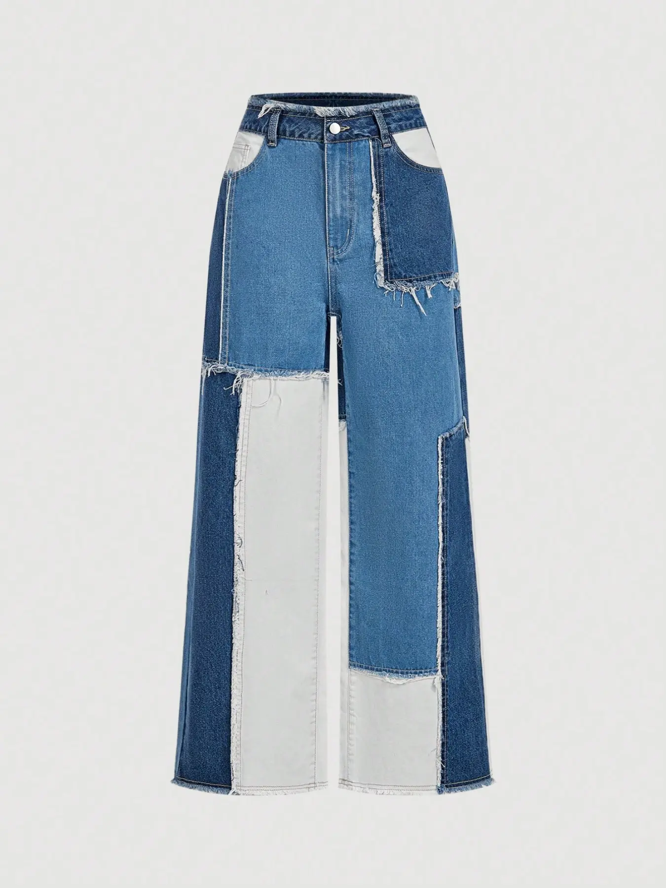 Women's Color Block Patchwork Jeans, Casual Loose Fit Baggy Frayed Edge Wide Leg Street Style Streetwear Denim Jeans, Fashionable and Versatile Pants, Fashion Ripped Jeans