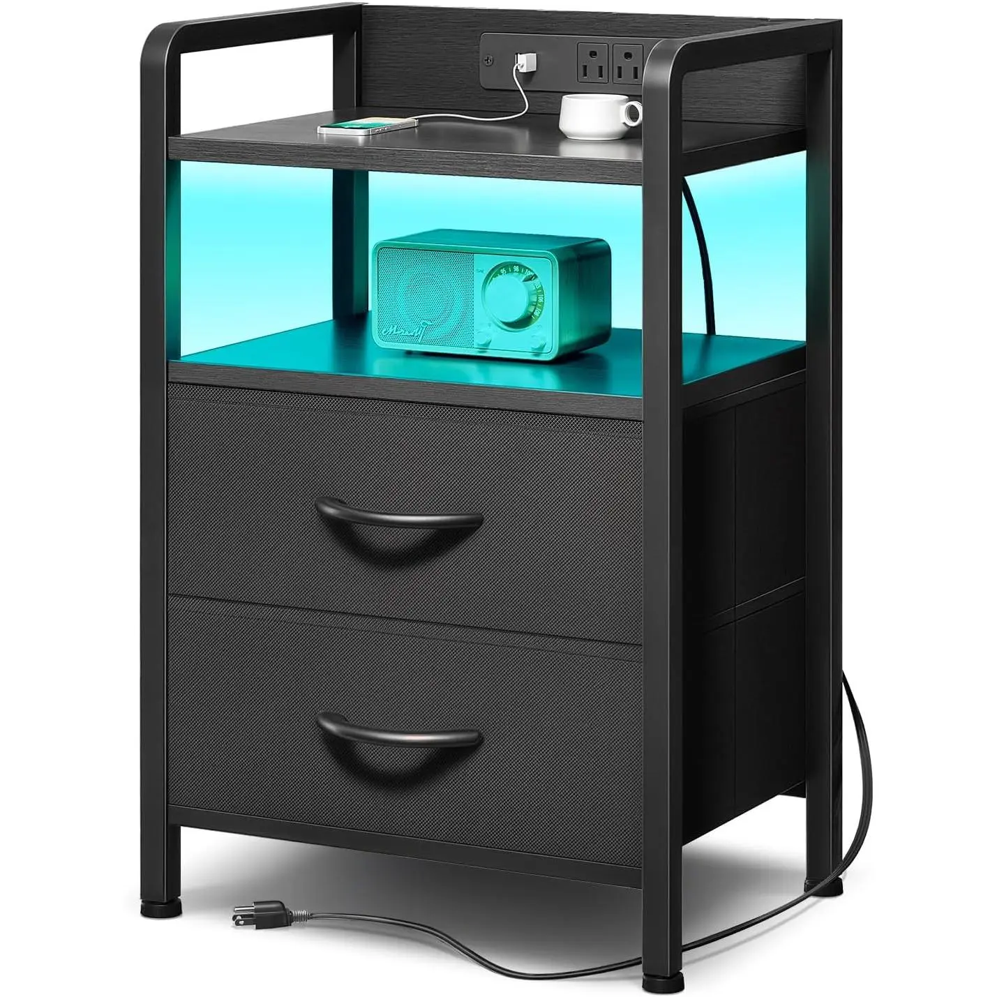 Nightstand with Rear  Station, LED Light, 2 Drawers, Black | Industrial Nightstand, 2 USB-A Ports & AC Outlets, Raised  Guard, Fabric Storage Drawers, Bedside Table for Bedroom, Dorm