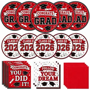 Graduation Plates and Napkins 2026, Congrats Grad Disposable Dinner & Dessert Paper Plates, and Napkins for Red Graduation Party Decoration, Serves 50