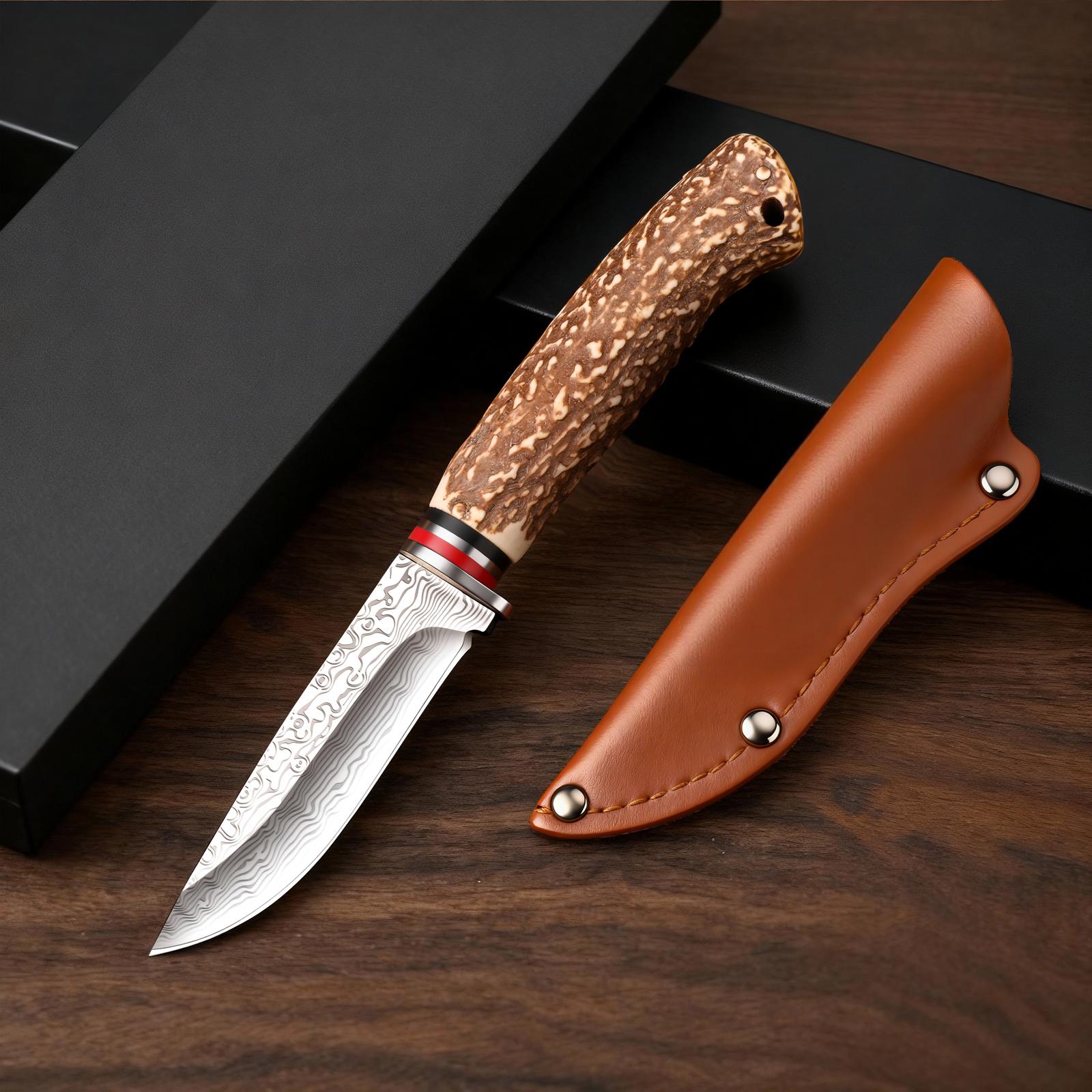 Damascus Pattern Kitchen Knife Chef Knife Steak Knife Razor Sharp Stainless Steel Meat Slicing Cleaver 8.3" Knife with Leather Sheath & Gift Box BBQ Cooking Utility Knife Non-Slip Faux Antler Stag Handle for Beef Tomahawk Fish Veggies Gift for Men Women