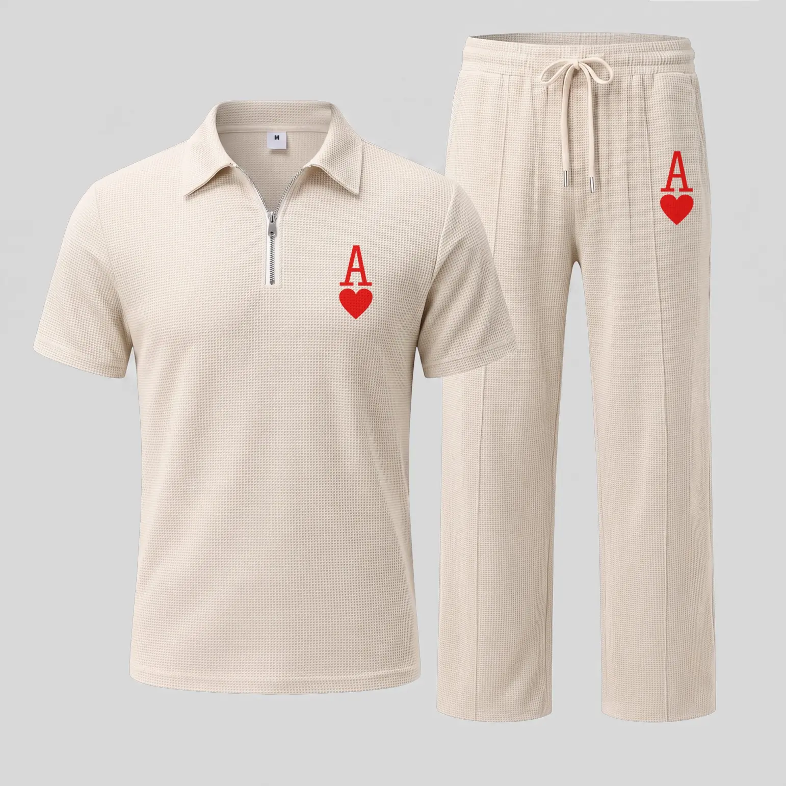 Men’s Heart Ace Poker Graphic Waffle Knit Polo Shirt and Pants Set, Short Sleeve Zip Collar Polo Top with Matching Drawstring Trousers, Casual Two Piece Outfit, Lightweight Comfortable Streetwear Set for Daily Wear, Travel and Summer Fashion