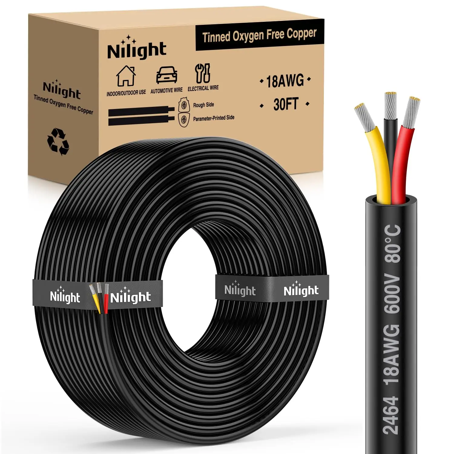 Nilight 30FT 18AWG 3-Conductor Tinned Oxygen-Free Copper Wire Cable - Red/Black/Yellow Parallel Wires, Flame Retardant Flexible PVC Case, 600V DC Extension Cord with Heat Shrink Tube & Cable Tie for Automotive LED Strips, Lamps (Direct Burial Compatible)