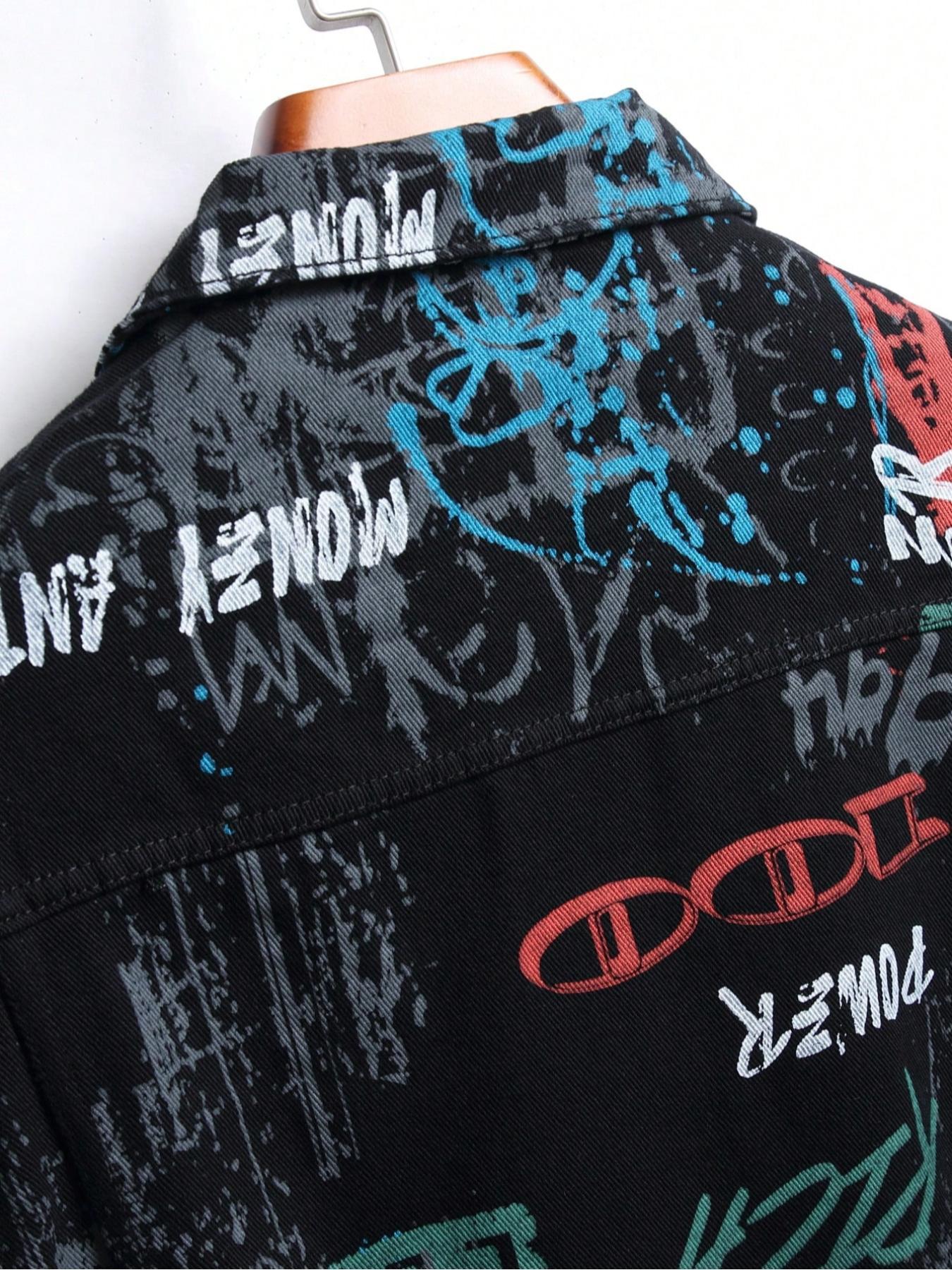 Men's Graffiti Letter Print Denim Jacket, Loose Casual Street Comfy Long Sleeve Casual Style Outerwear for Daily Wear, Casual Pocket Outerwear, Menswear for All Seasons, Coats