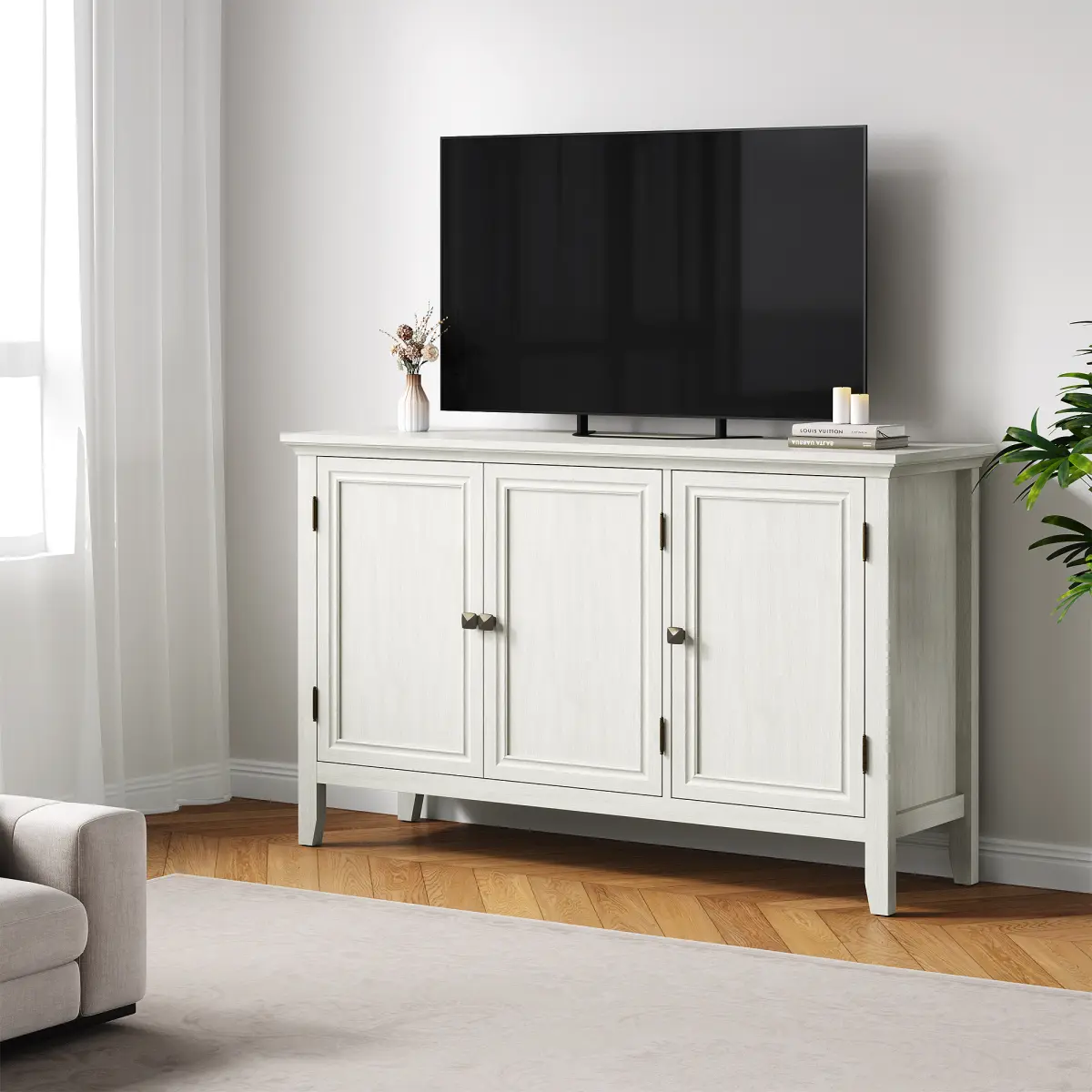 [Bellemave]Buffet Cabinet with Doors and Adjustable Shelves, Bohemian Sideboard, Wood Credenza Cabinet Organizer for Bedroom, Living Room, Dining Room, Hallway, Grayish-White On-Site