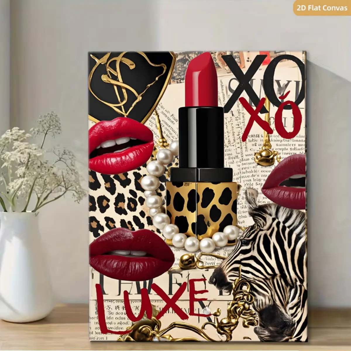 2D canvas painting, 1 piece framed canvas wall art - Red-brown leopard print luxury magazine poster, modern chic red lip allure style, suitable for bedroom and living room decoration, framed with hooks for corridors, dormitories, Valentine's Day gift, rea