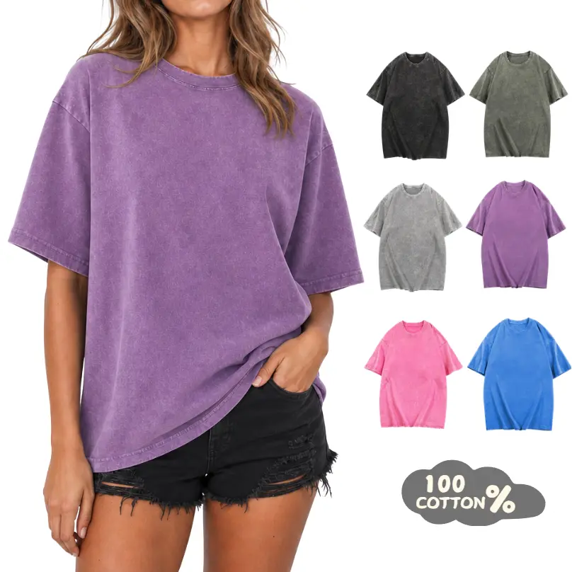 Sunland Women's Vintage Acid Wash Cotton Basic Pullover T-Shirt, Oversized Baggy Solid Color Short-Sleeve Top with Mock Neck, Soft Loose-Fit Summer Casual Streetwear Fabric, Shortsleeve, Fashion, Style, All Seasons, Loose Fitting, Medium Length, Oversized