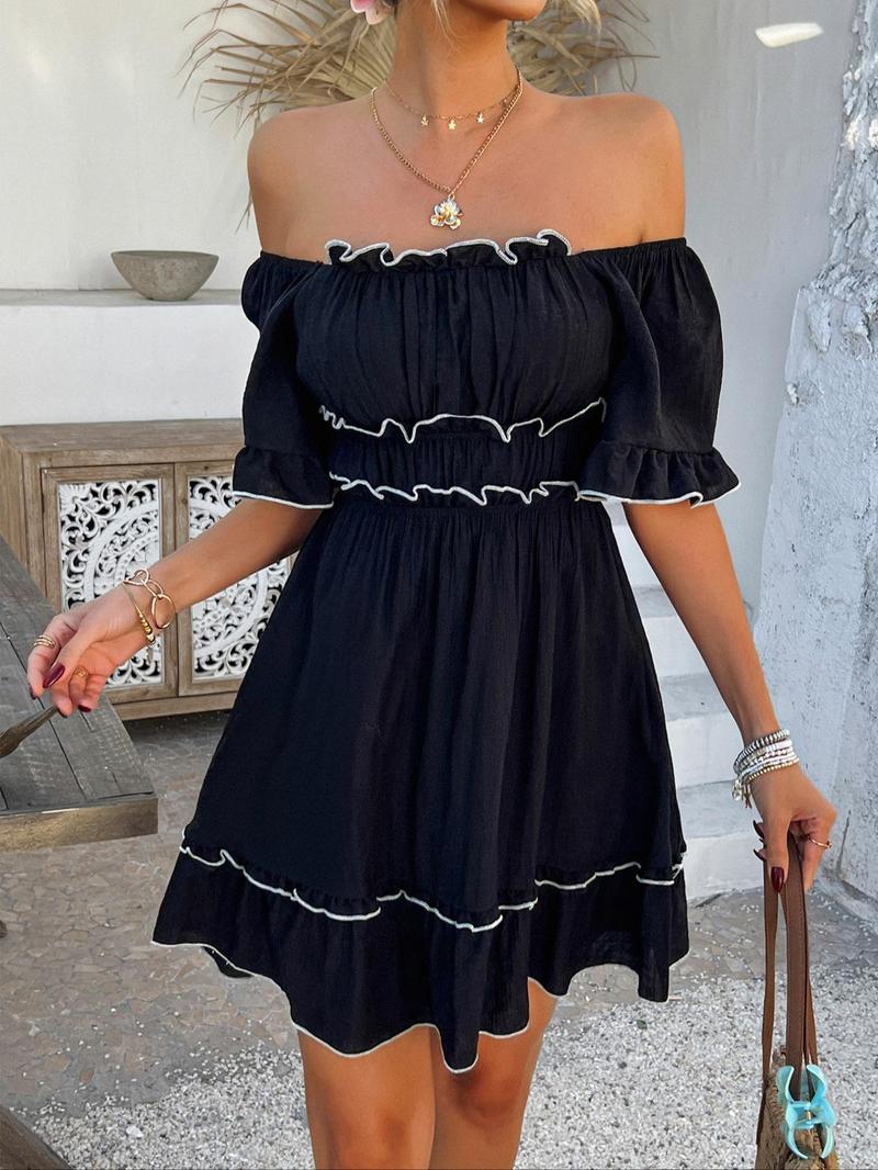 Women's Plain Dress, Casual Boho Ruffle Hem Chic Fashion Short Sleeve Dress for Summer, Ladies Clothes for Beach Holiday, Shortsleeve Womenswear