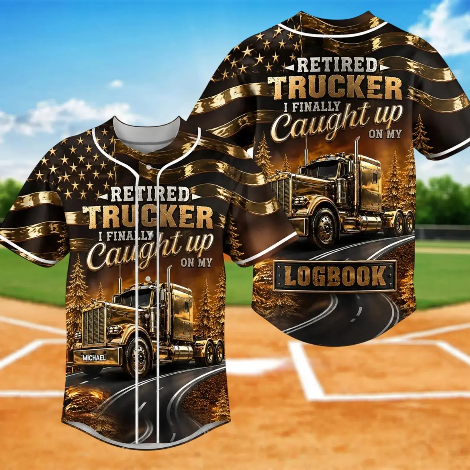 Retired Trucker I Finally Caught Up On My Logbook Baseball Jersey Brown Gold Truck Star Print Casual Sports Wear