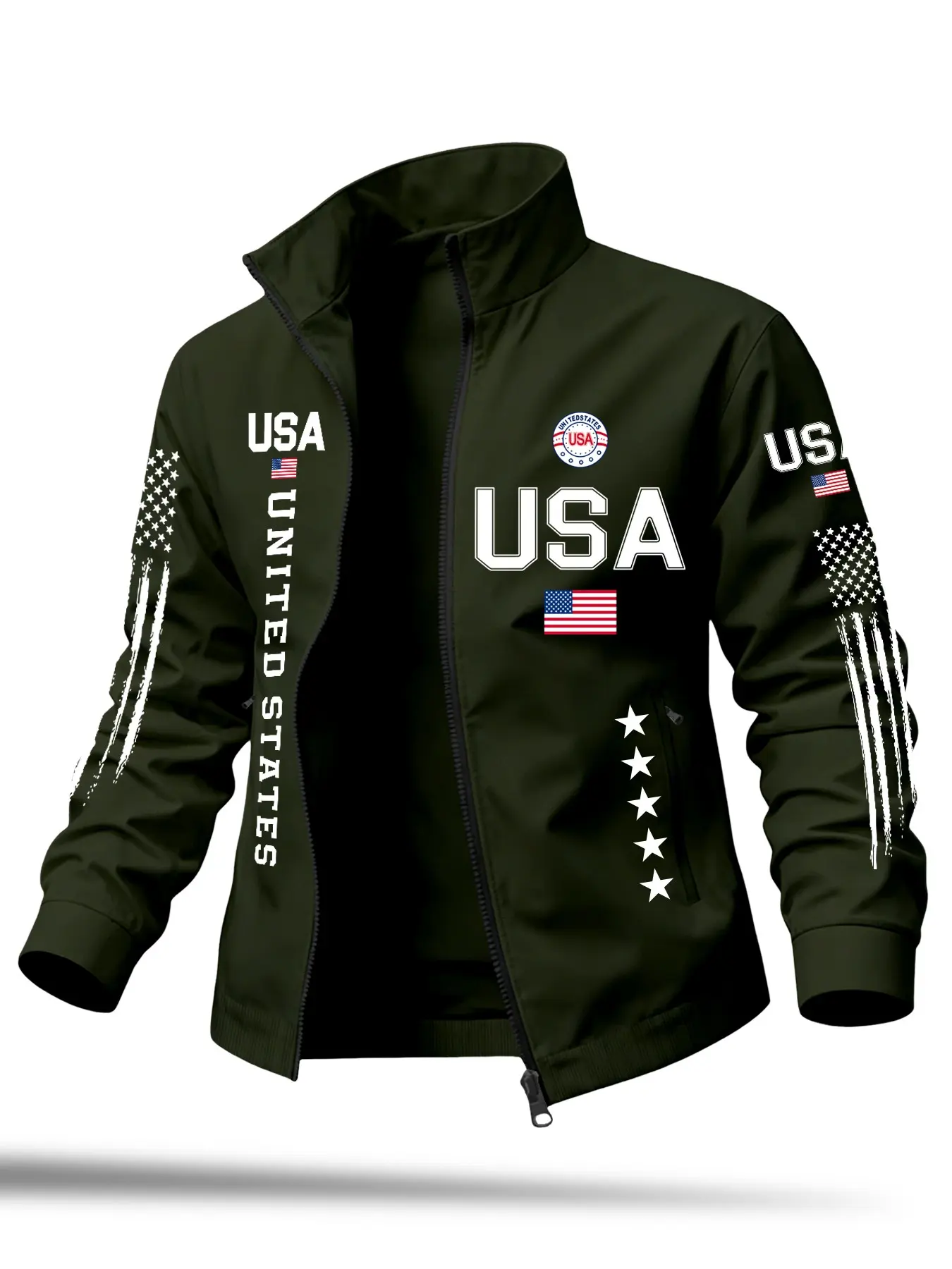 Men's Long Sleeve Loose-Fit Jacket, Casual Fashionable Jacket, Usa Memorial Stand Collar Zip Pocket Coat, 1776-2026 Freedom 250th Anniversary Flag Print Top