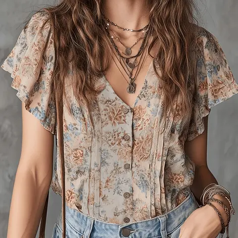 Women's V-Neck Bohemian Printed Blouse, Slim Fit Casual Tops for Everyday Wear