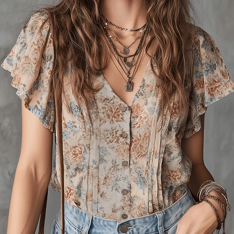Women's V-Neck Bohemian Printed Blouse, Slim Fit Casual Tops for Everyday Wear