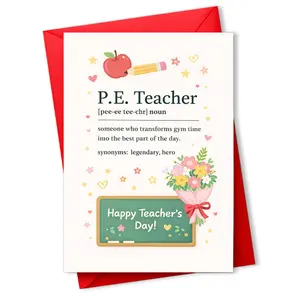1 greeting card and envelope set, thank-you message blessing card, with apple, pencil, and blackboard patterns paired with English teacher definitions, suitable as a Teacher's Day gift to express gratitude for companionship