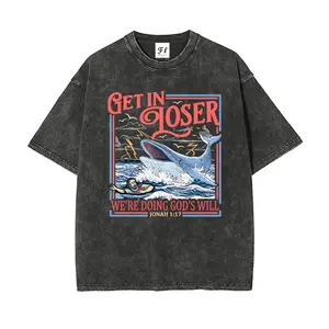 Unisex WE'RE DOING GOD'S WILL JONAH 1:17 Jonah was swallowed by a great fish Graphict Washed T-Shirt Personalized Pattern Y2k Clothing Round Neck Washed T-Shirt,Women's Clothing 100% Cotton, Menswear, Top, Vintage Style,Summer Casual Oversized
