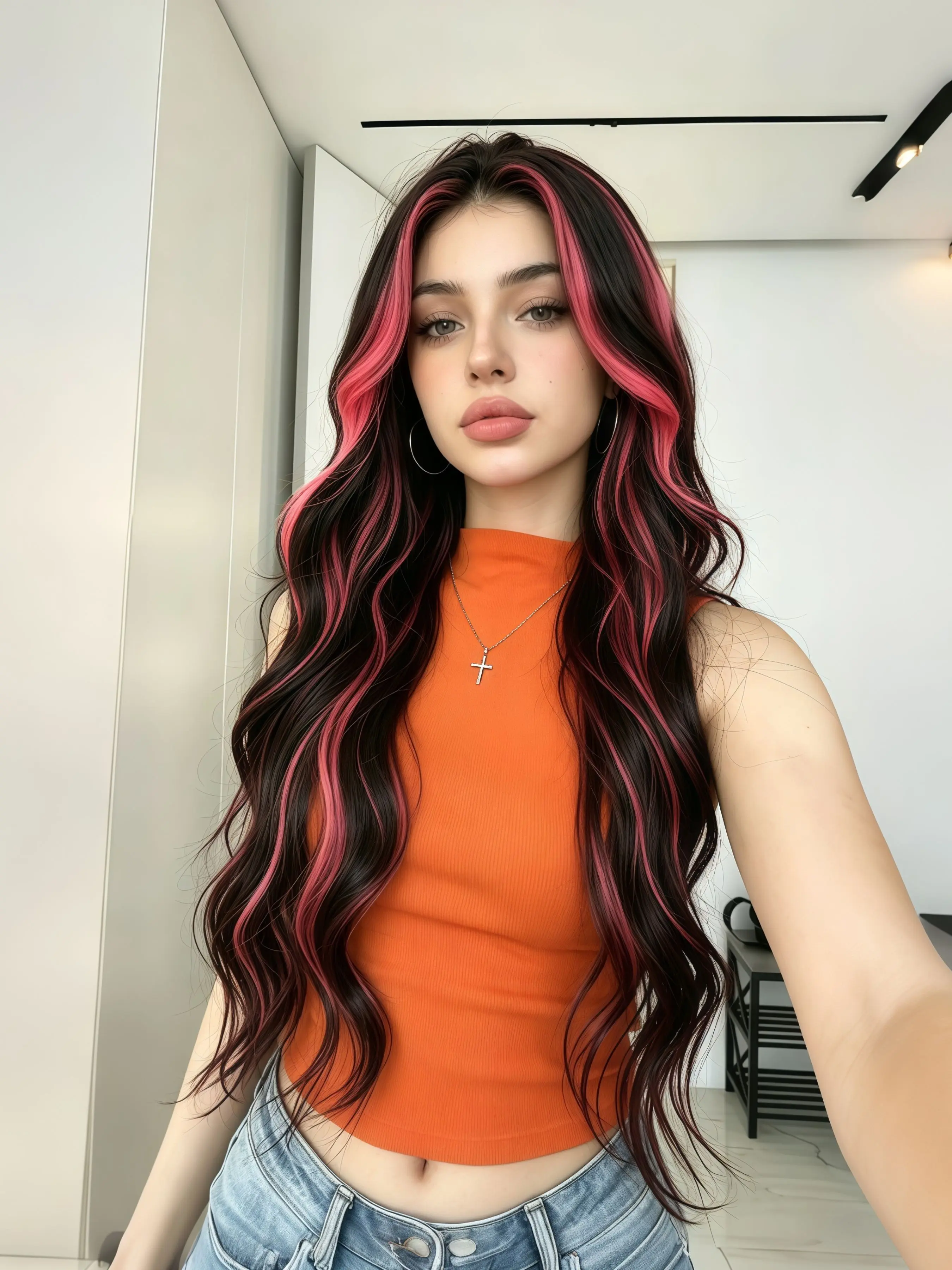 28" Black and Pink Highlighted Body Wave 13x4 Lace Front Wig, Free Part HD Transparent Lace Wavy Wig, Pre-Plucked Natural Hairline, Heat Resistant Synthetic Fiber Wig for Women's Daily Wear, Heat Friendly Wig