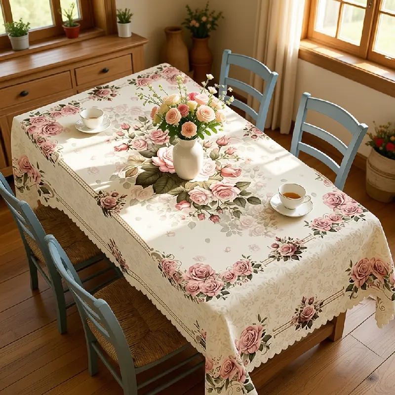 Pink Rose Garden Lace Floral Printed Tablecloth for Farmhouse Kitchen Dining Decor polyester, washable, clearance sale