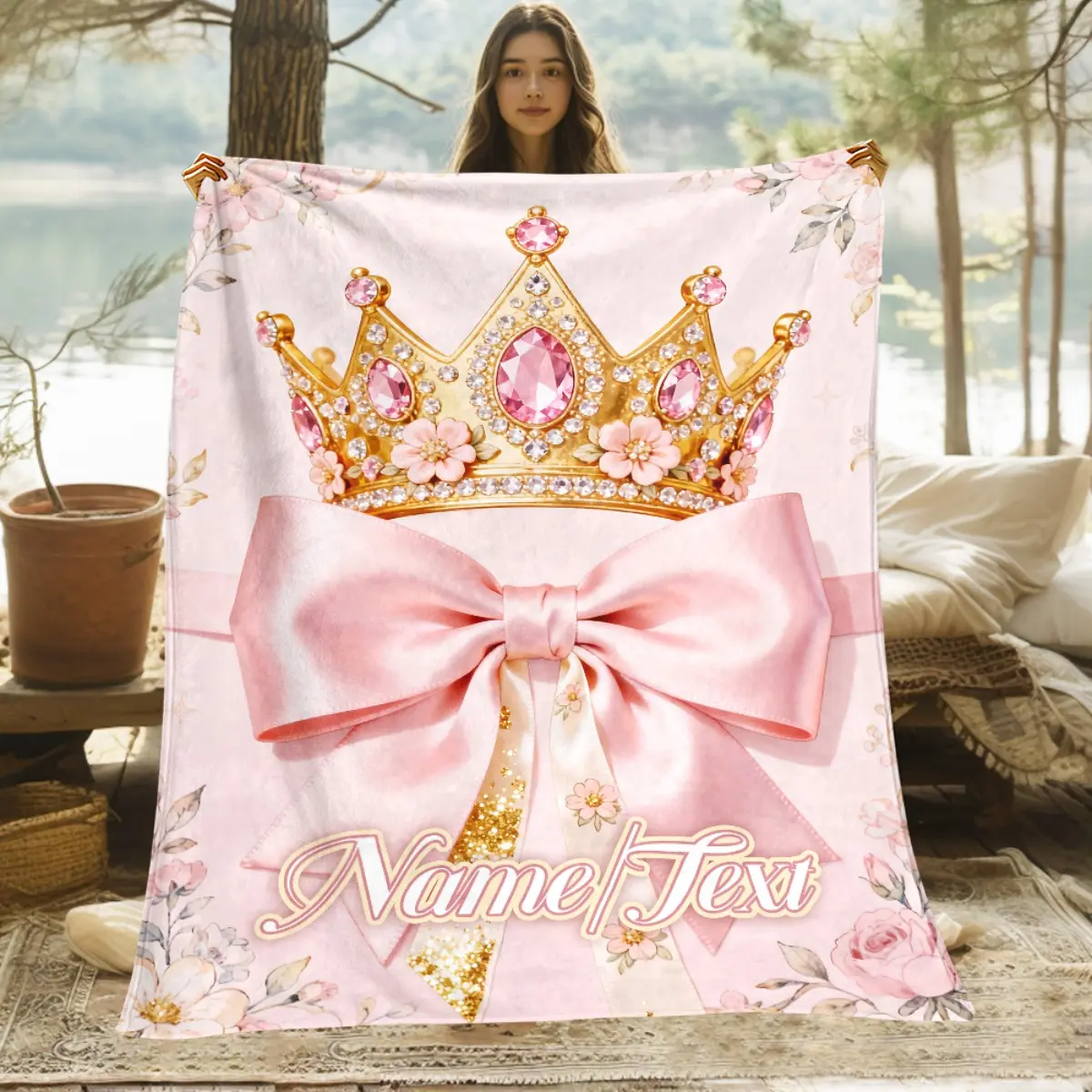 1 piece of customizable name crown with pink bow tie blanket – lightweight home essentials, bedding, blanket for use on sofas, beds, for travel, camping, living rooms, offices, sofas, chairs, and beds – soft, warm fabric; digital print blanket.