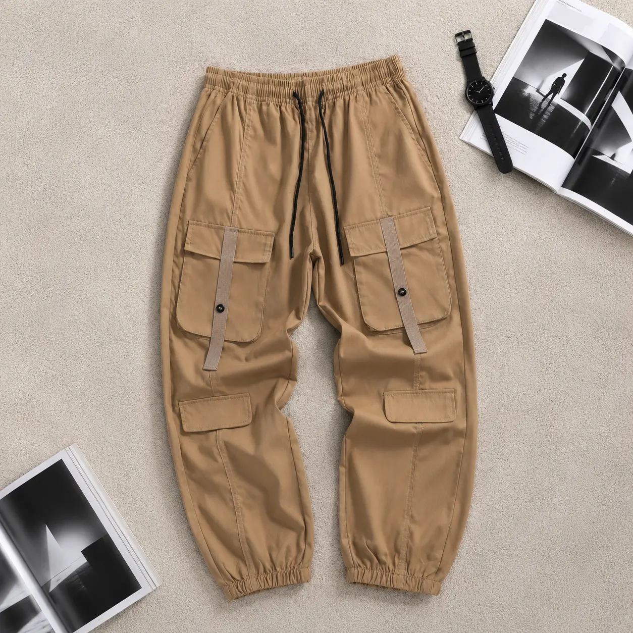 Men’s Khaki Webbing Strap Double Layer Pocket Cargo Joggers Elastic Drawstring Waist Tactical Street Pants, Utility Core, Gorpcore, Y2K Streetwear, Viral Men Fashion, Everyday Fit, Relaxed Tapered Style