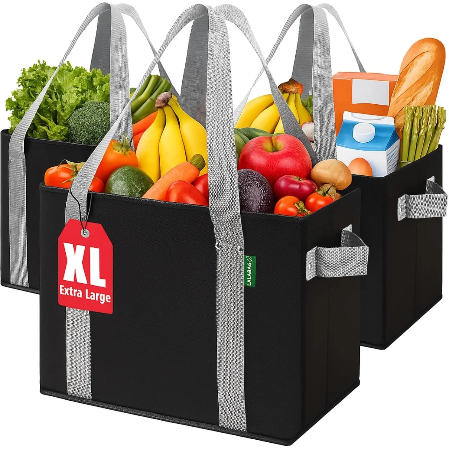 Reusable Grocery Bags 3 Pack Heavy Duty Eco Tote Bags with Box Shape Stand Up Hold Up to 65 Lbs Stay Open Fold Flat Foldable Shopping Bags with Long Handles & Hard Bottom