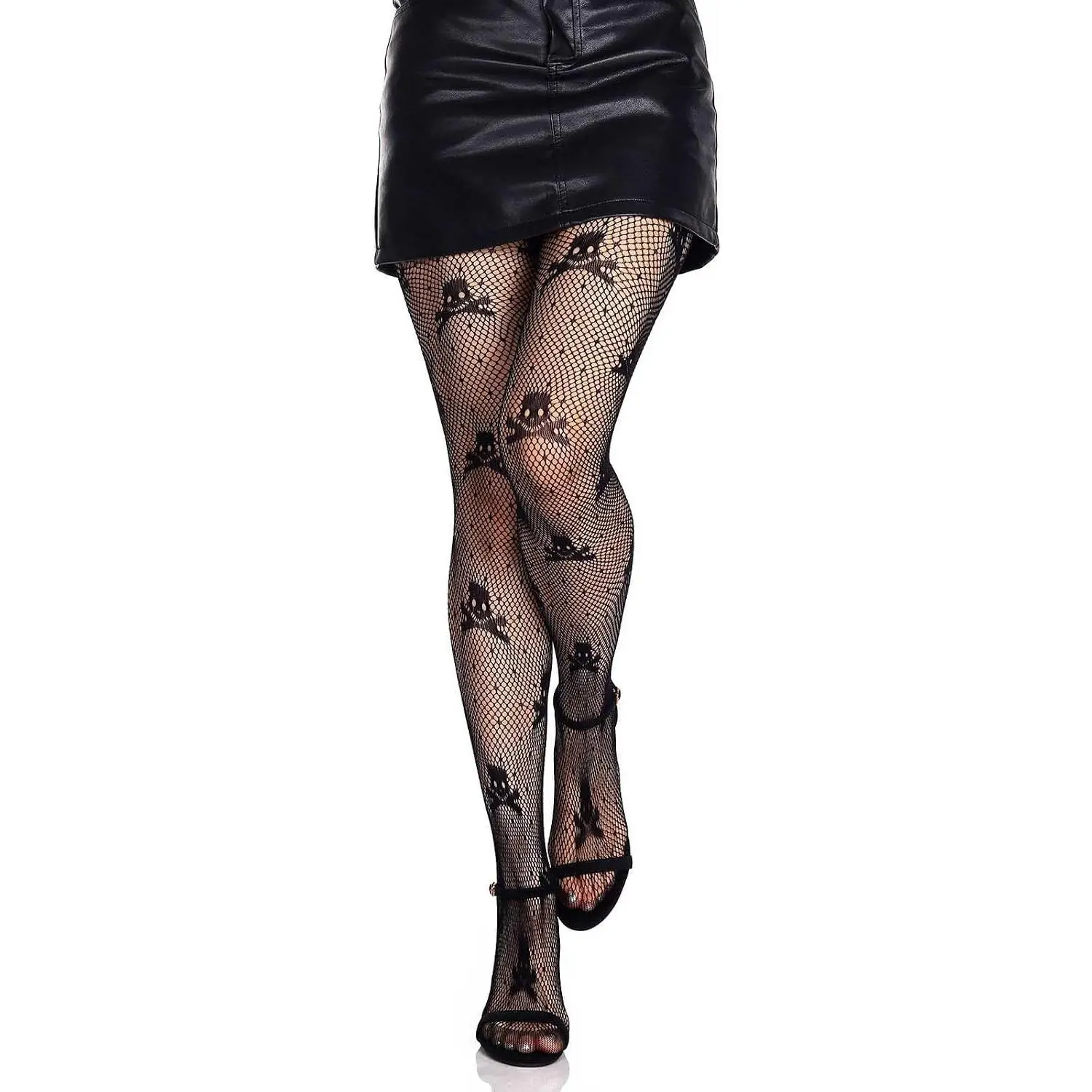 Black Fishnet Stockings Skull Tights Rhinestone Spiderweb Thigh High Waist Leggings Halloween Goth Tights for Women