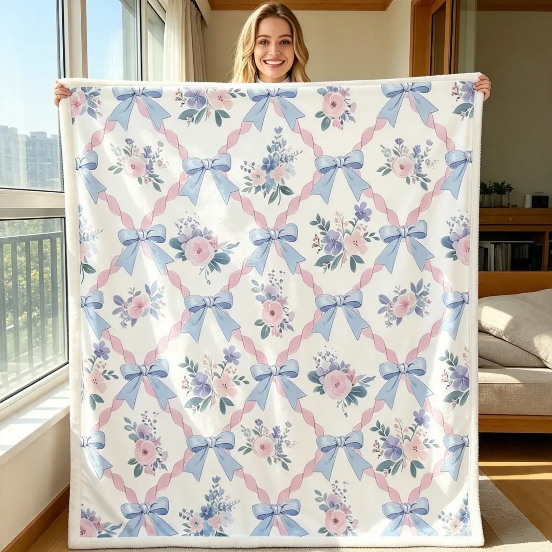 This super soft flannel blanket features a bow and wavy pattern and is a portable decorative sofa throw. Perfect for adding a touch of softness to any room, sofa, or bedroom, it's an excellent gift for children, family, and friends.