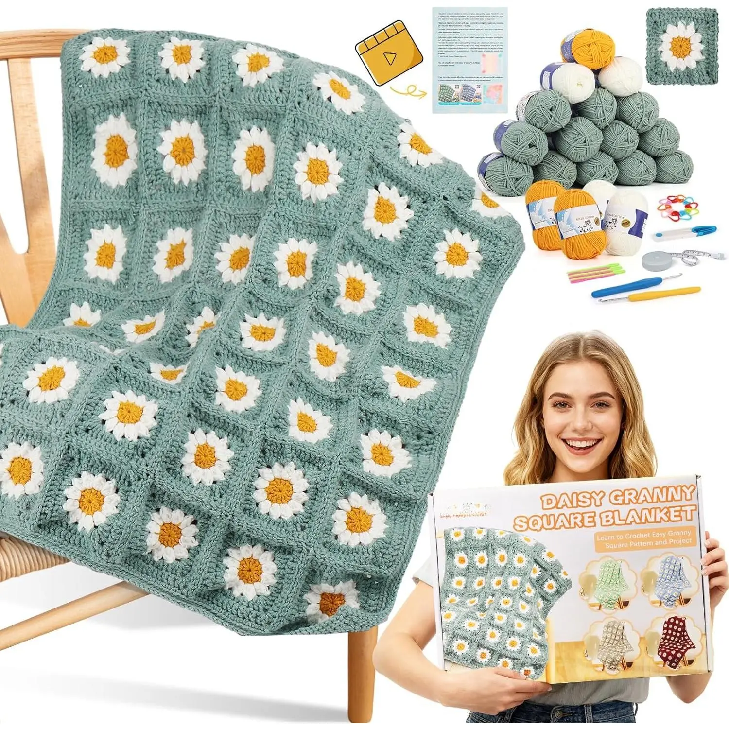 Crochet Kit for Beginners, Easy Granny Square Crochet Blanket Kit | Crochet Kit w/21 Yarn Skeins, Video Tutorial & Digital Instructions,  Accessories, Complete Knitting & Crochet Starter Kit