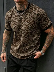 American Vintage Leopard Print Graphic Round Neck Short Sleeve Men's T-Shirt, Trendy Color Block Hem Casual Tee, Comfortable and Stylish