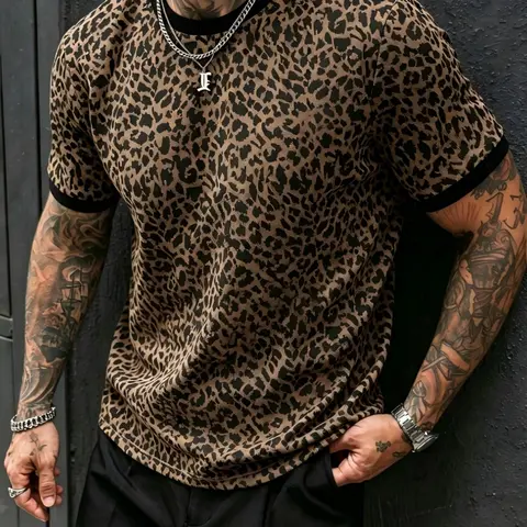 American Vintage Leopard Print Graphic Round Neck Short Sleeve Men's T-Shirt, Trendy Color Block Hem Casual Tee, Casual Fashion Clothing, Comfortable and Stylish, Casual Comfy Streetwear