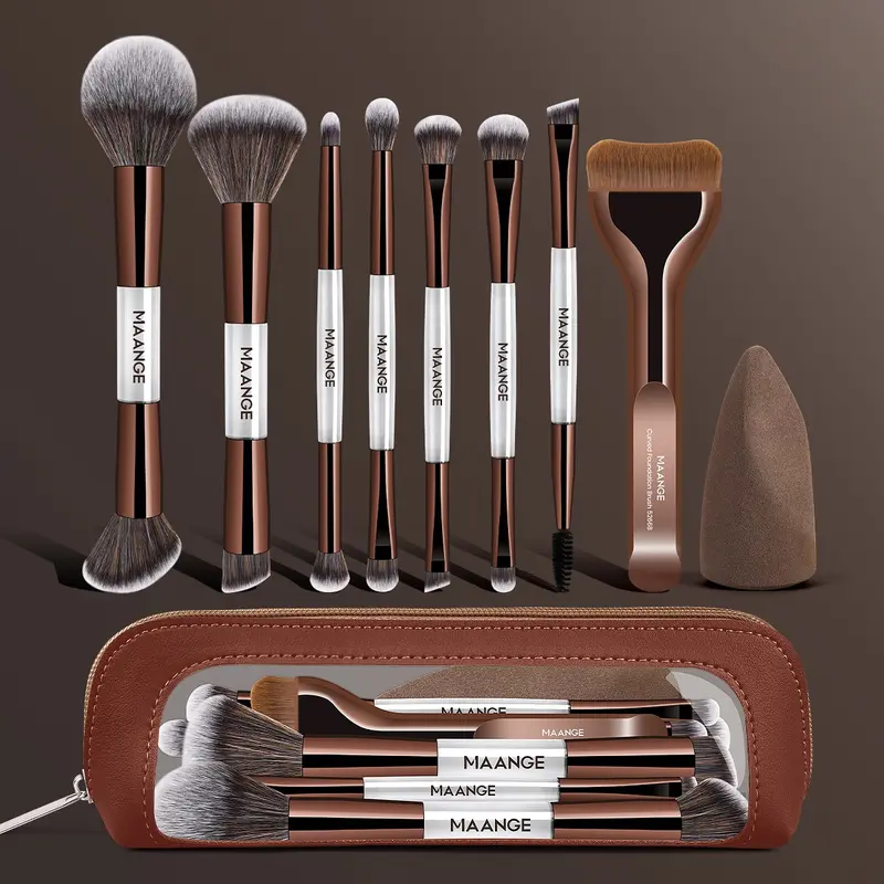 Maange 10-Piece Make Up Tools Set, Includes 8 Brushes, Powder Puff, Brush Case, Foundation, Blush, Loose Powder, Eyeshadow, Mascara, Highlighter Brushes