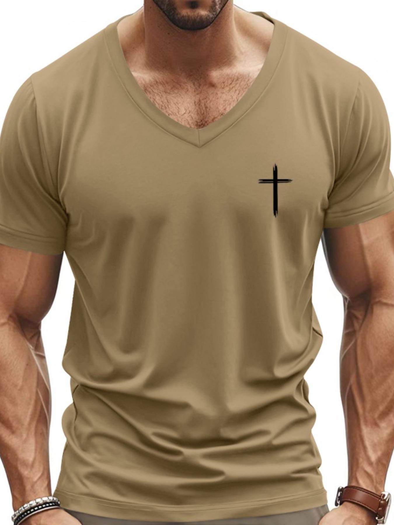 Men's Cross Print V Neck Tee, Regular Fit Casual Short Sleeve T-shirt for Summer, Men's Top for Daily Wear, Gym Tees, Gym Workout Shirt