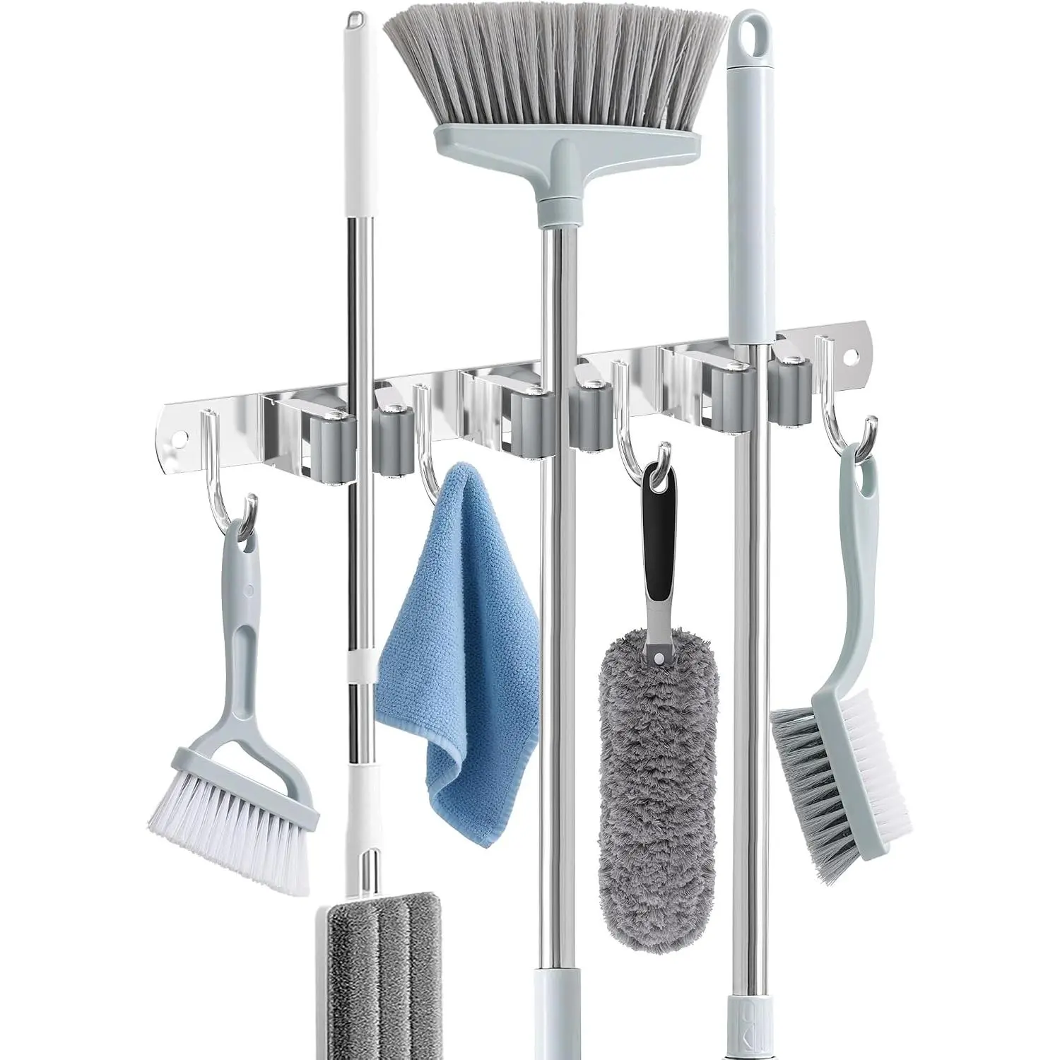 Broom Holder Wall Mount, Broom Organizer Wall Mount Stainless Steel Broom and Mop Hanger Heavy Duty Storage Organization for  Kitchen Garden Garage Room 3 Racks 4 Hooks Grey