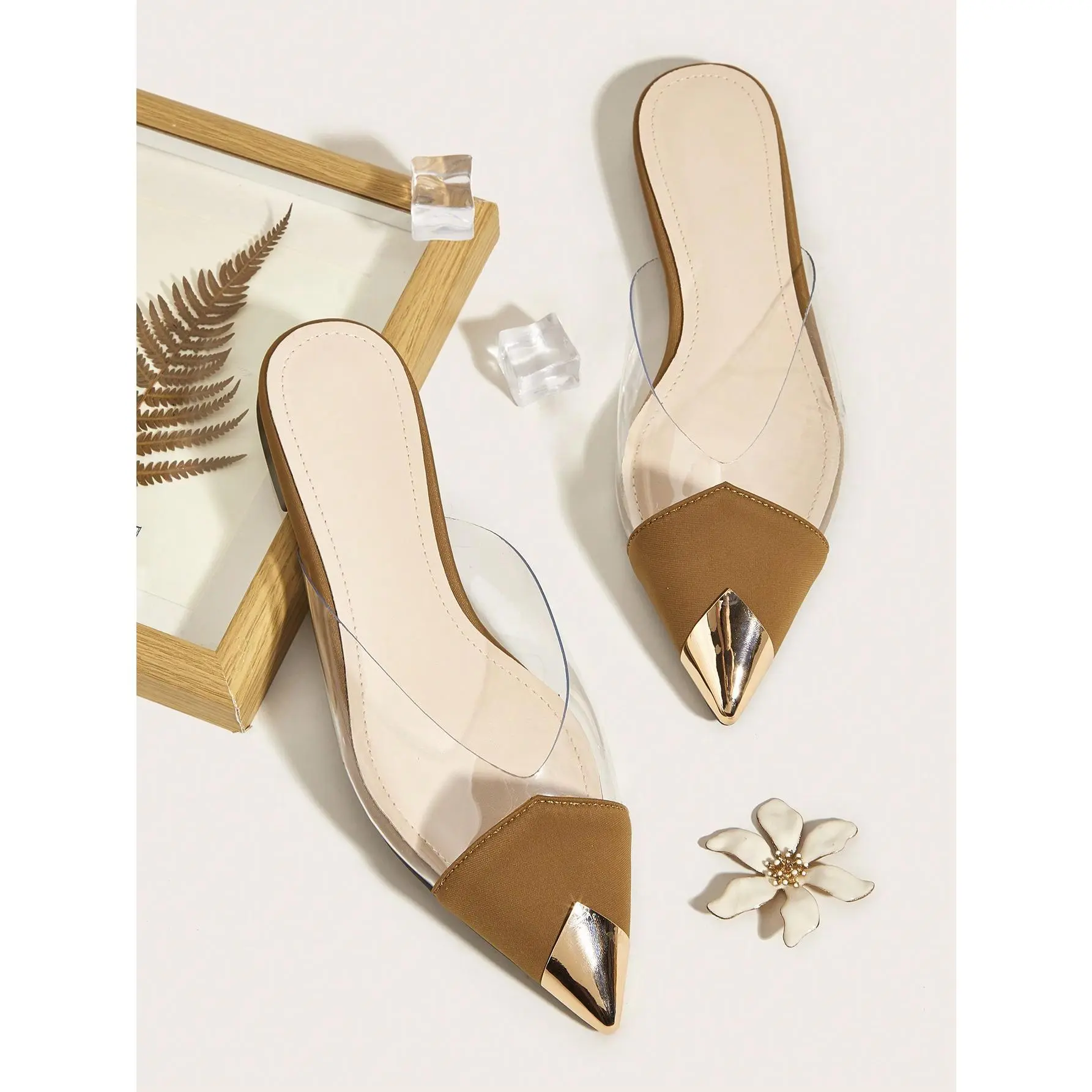 Metallic Transparent PVC Pointed Toe Flat Shoes Slip On Casual Outdoor Flat Mules