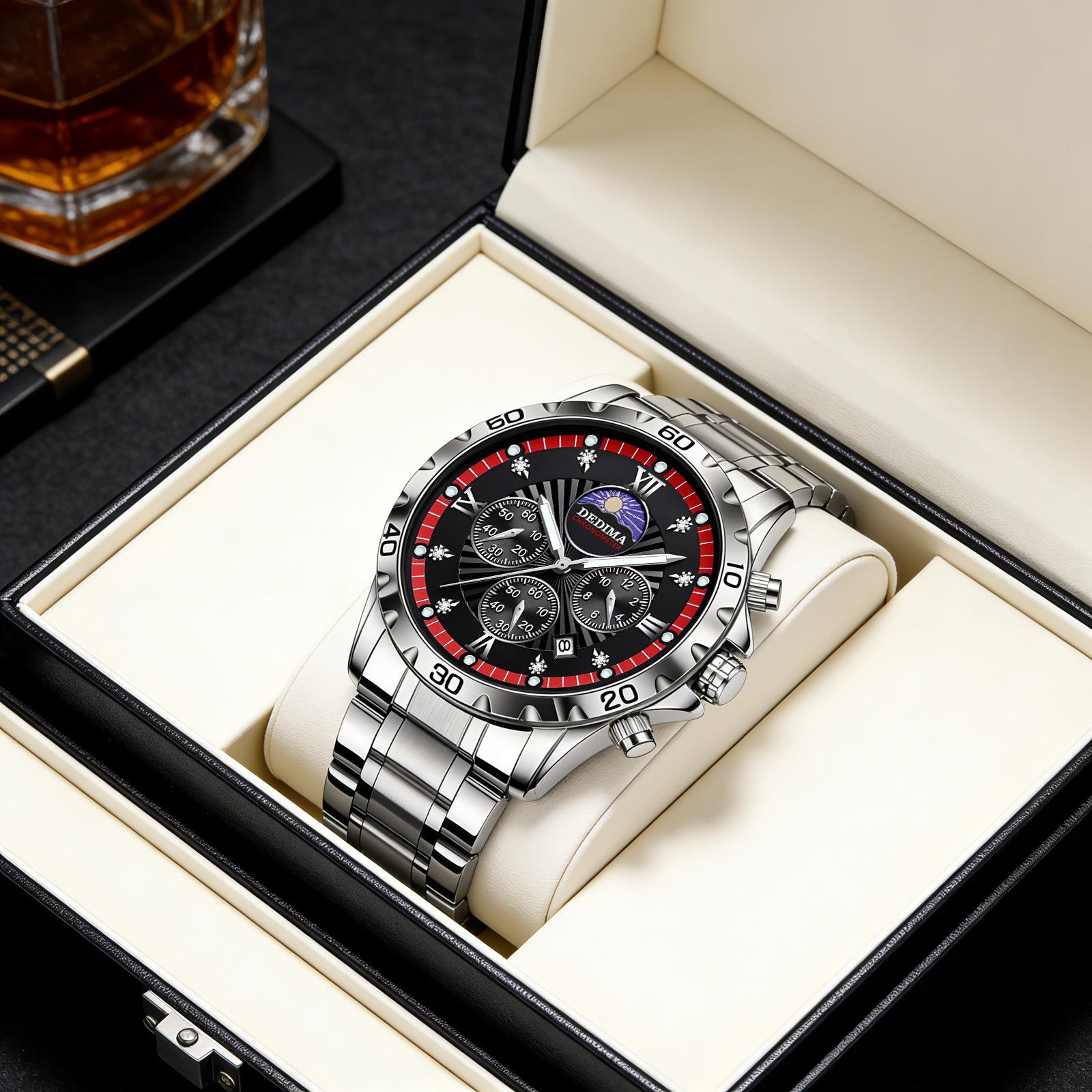 Men's Quartz Watch PE903 Movement 42mm Dial Luminous Display Calendar Moon Phase 30M Waterproof Stainless Steel Strap Business Style Hot-Selling Item