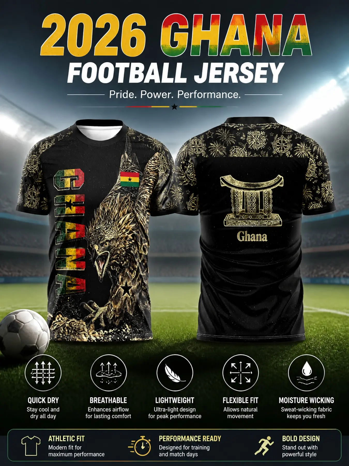 2026 Ghana Gold Soccer Jersey, Ultra-Light Quick-Dry Sportswear, Tribal Print, High Breathability, Ideal for Football & Gym Training