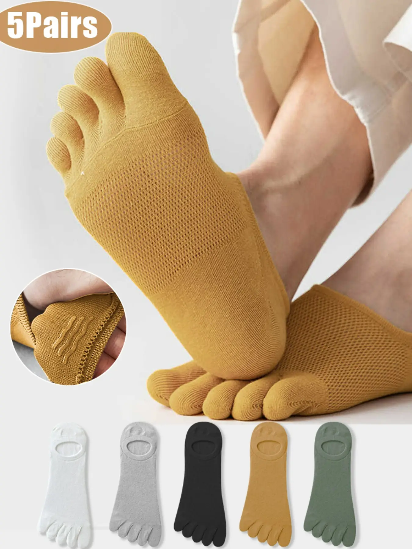 5 Pairs Summer Men's Five-Toe Socks, Plain Color, Sporty Style, Slim-Fitting, Breathable, Durable, Ideal for Running & Outdoor Activities