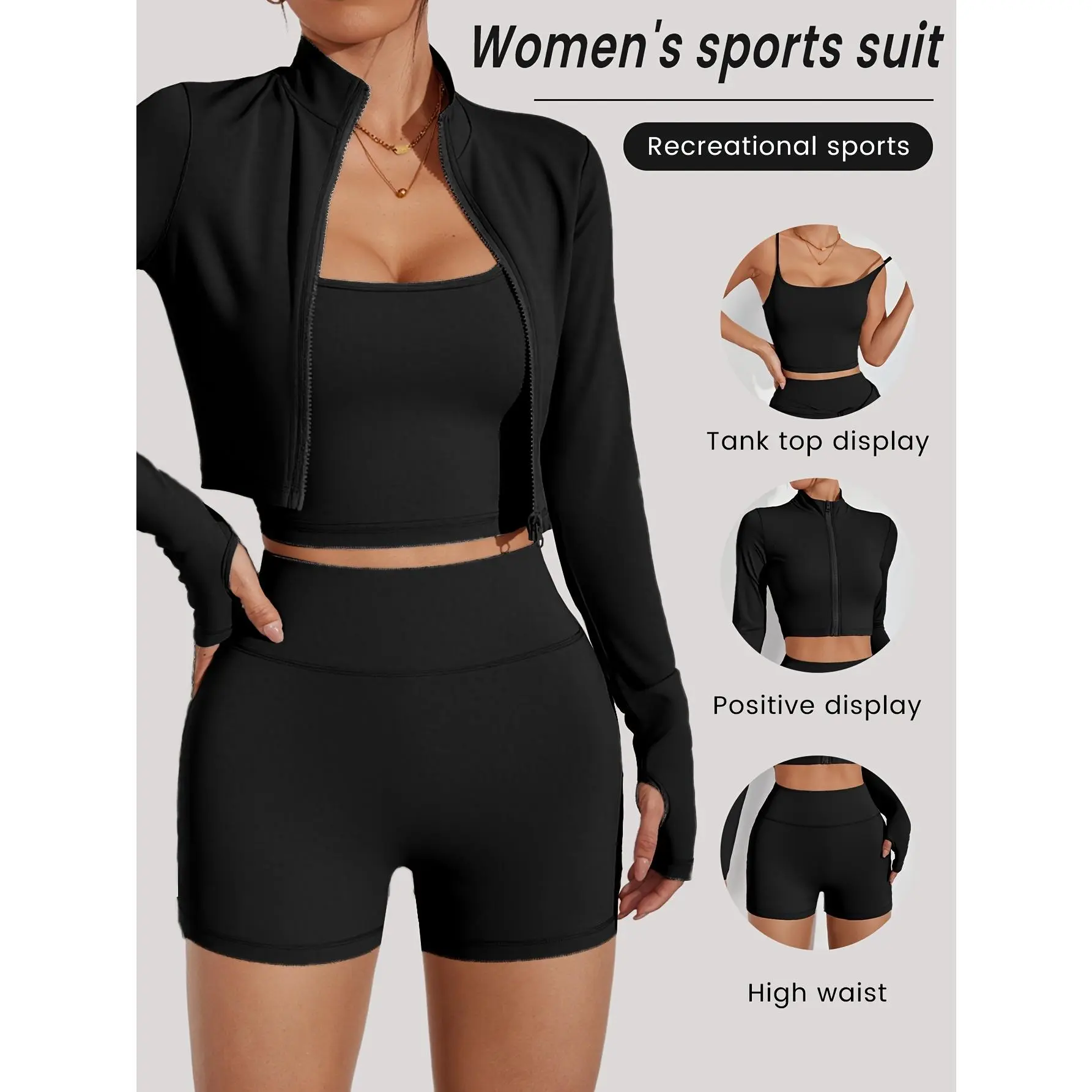 Women's 3-Piece Coordinated Athletic Fitted Sportswear Set - U-Neck Tank Top, High-Waist Butt-Lifting Shorts, Long Sleeve Jacket with Thumb Holes, Breathable Quick-Dry, Autumn-Ready for Yoga, Running, Coordinated Women's Sportswear Set, Tank Tops, Female,