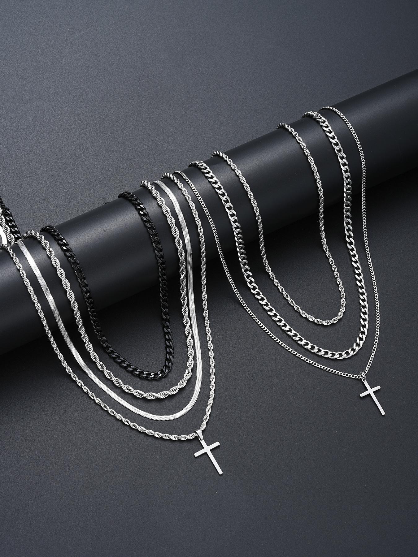 Men's Fashion Jewelry Set, Casual Trendy Cross  Charm Necklace  & Braided Bracelet & Earrings & Rings & Chain Bracelet, Hip Hop Fashion Jewelry Set for Party & Daily Decor