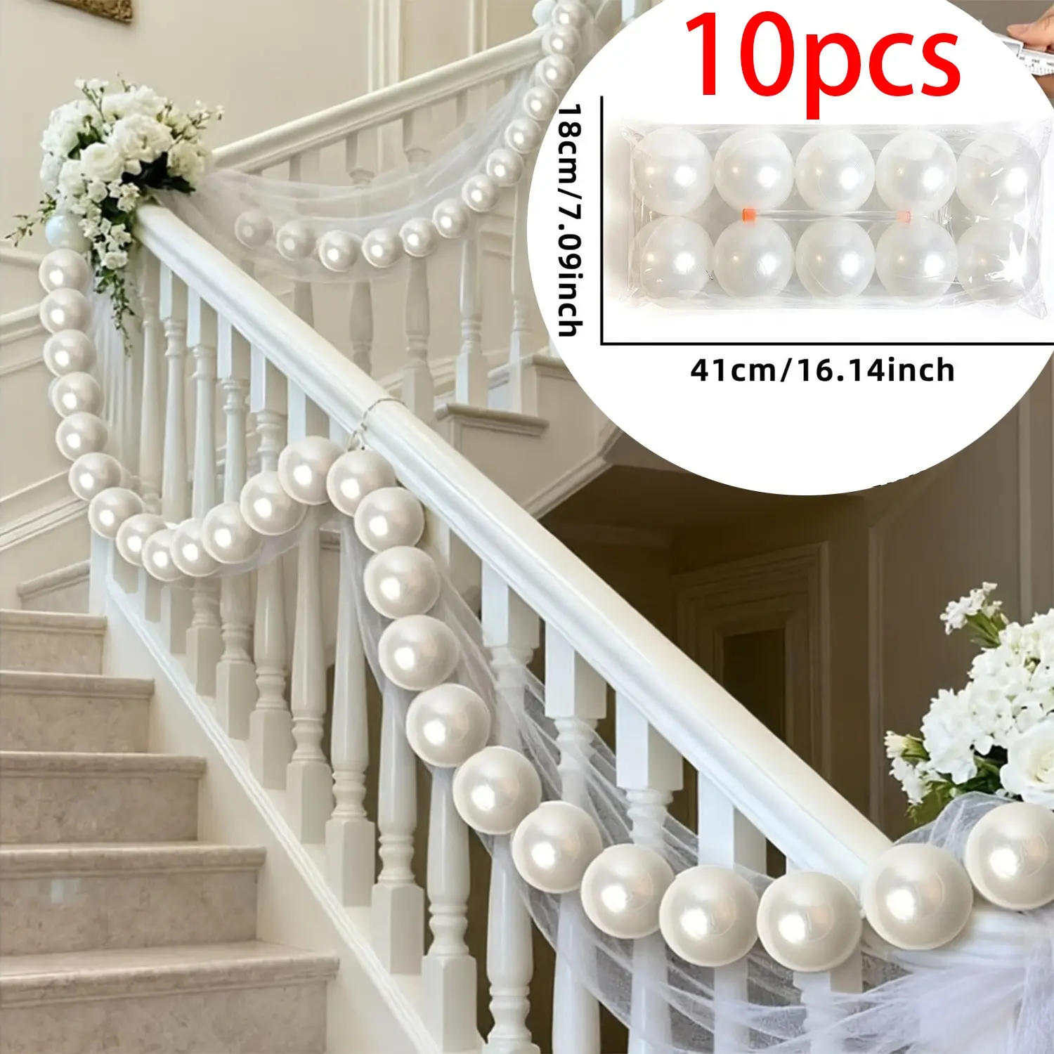 Giant Pearl Garland Stair Decoration, 10 Imitation Pearls, Home Stair Railing Wedding Christmas Tree Party Decor, Festive Decoration (8cm)