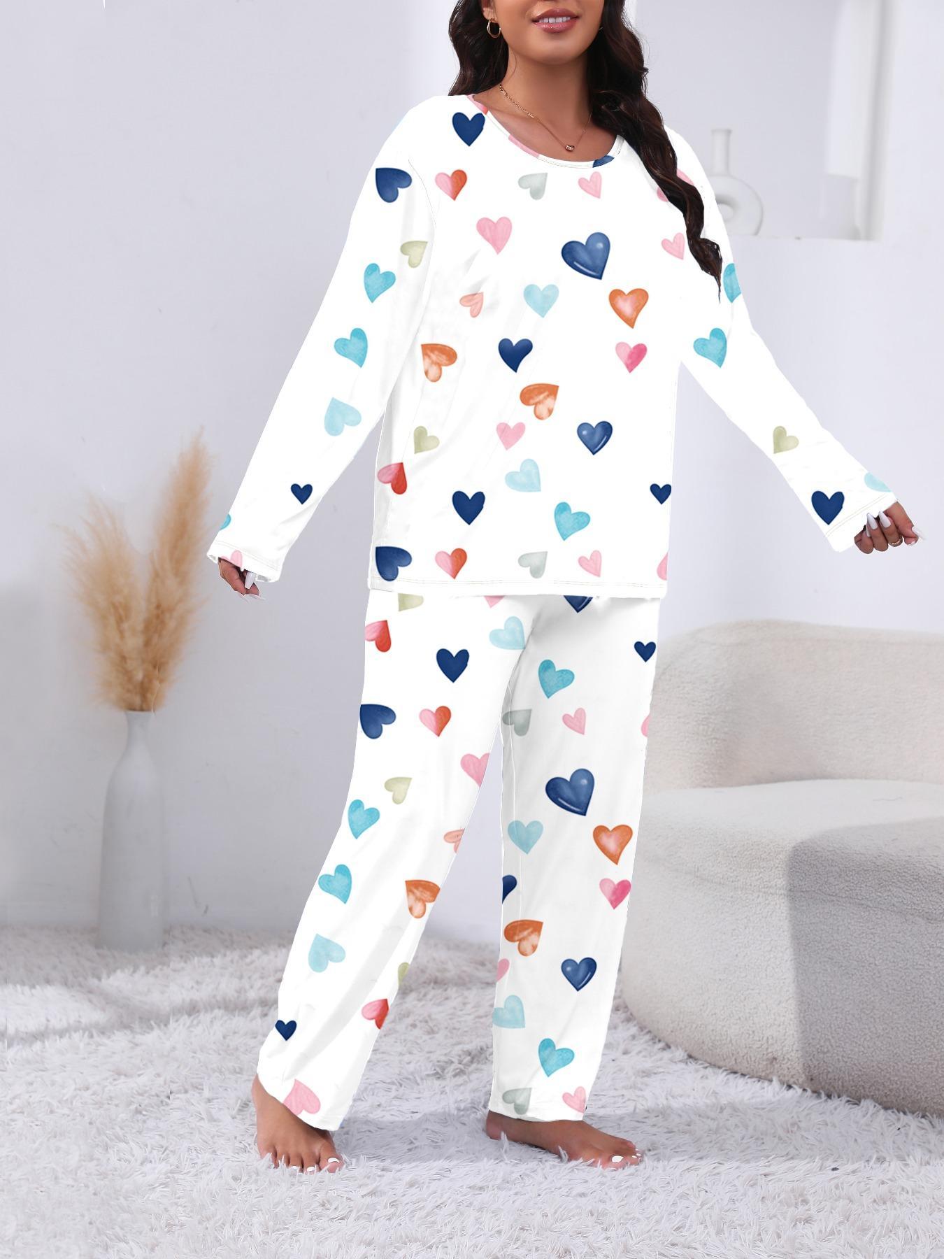 Plus Size Two-Piece Heart Print Pajama Set, Casual Long Sleeve Tee & Pants, Women's Plus Sleepwear & Homewear for Spring & Fall