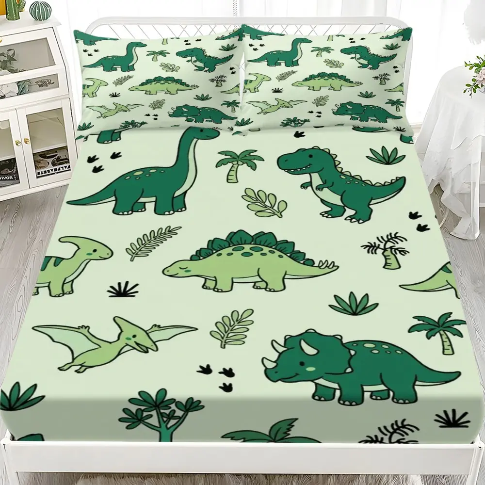 Cute Cartoon Dinosaur Print Bed Sheet Pillowcase Set, Light Jurassic Plant Pattern Elastic Mattress Cover, Kids Bedroom Bedding