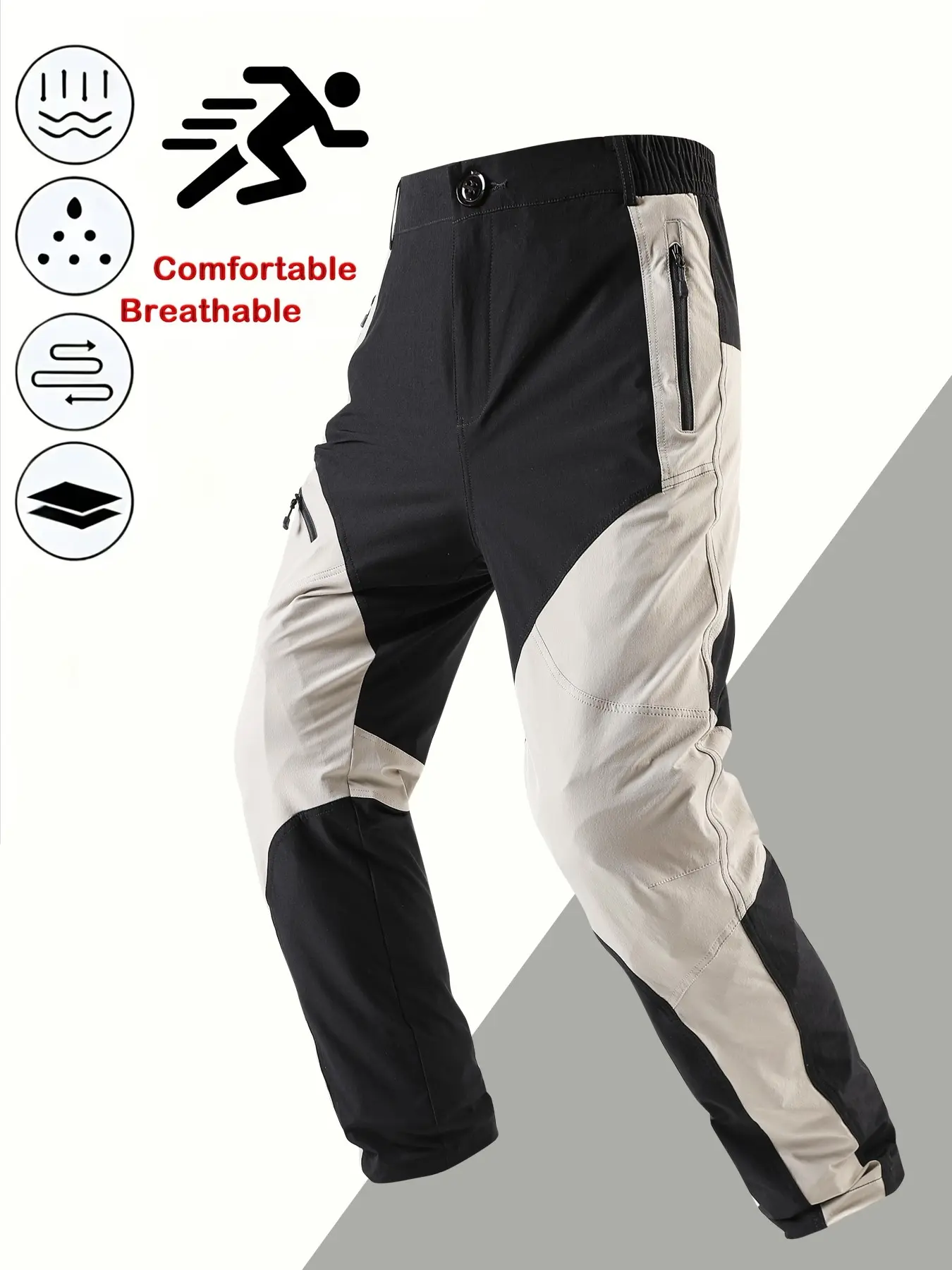 Men's Lightweight Breathable Elastic Work Pants, Outdoor Sports Casual Pants, Zip Pocket Colorblock Camping Hiking Long Pants