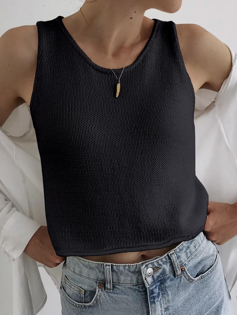 Women's Plain Round Neck Crop Sweater Vest, Casual Sleeveless Cropped Knit Top for Spring & Fall, Fashion Women's Knitwear for Daily Wear