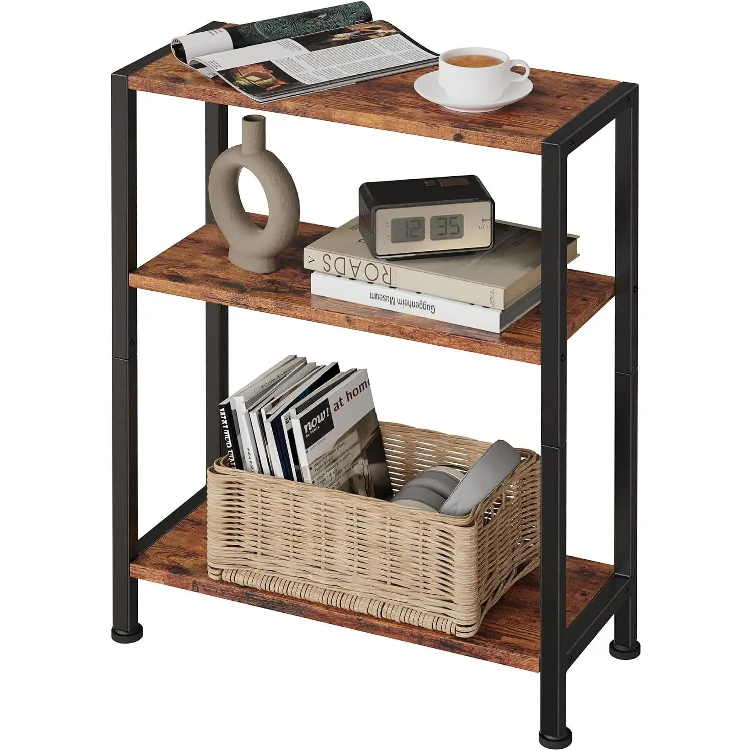 3-Tier Slim Small Side End Table, Sofa Side Nightstand for Narrow Spaces, Rustic Brown, Ideal for Living Room Bedroom Office