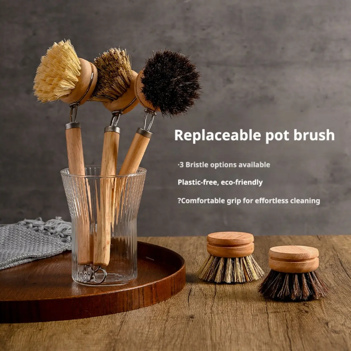 Natural Coconut Fiber & Sisal Long Wood-Handle Dish Brush - Heavy-Duty Single Unit Scrub Brush for Cookware Clean & Hardened Food Residue, Replaceable Bristle Head for Sustainable Kitchen Cleaning, Long Handle
