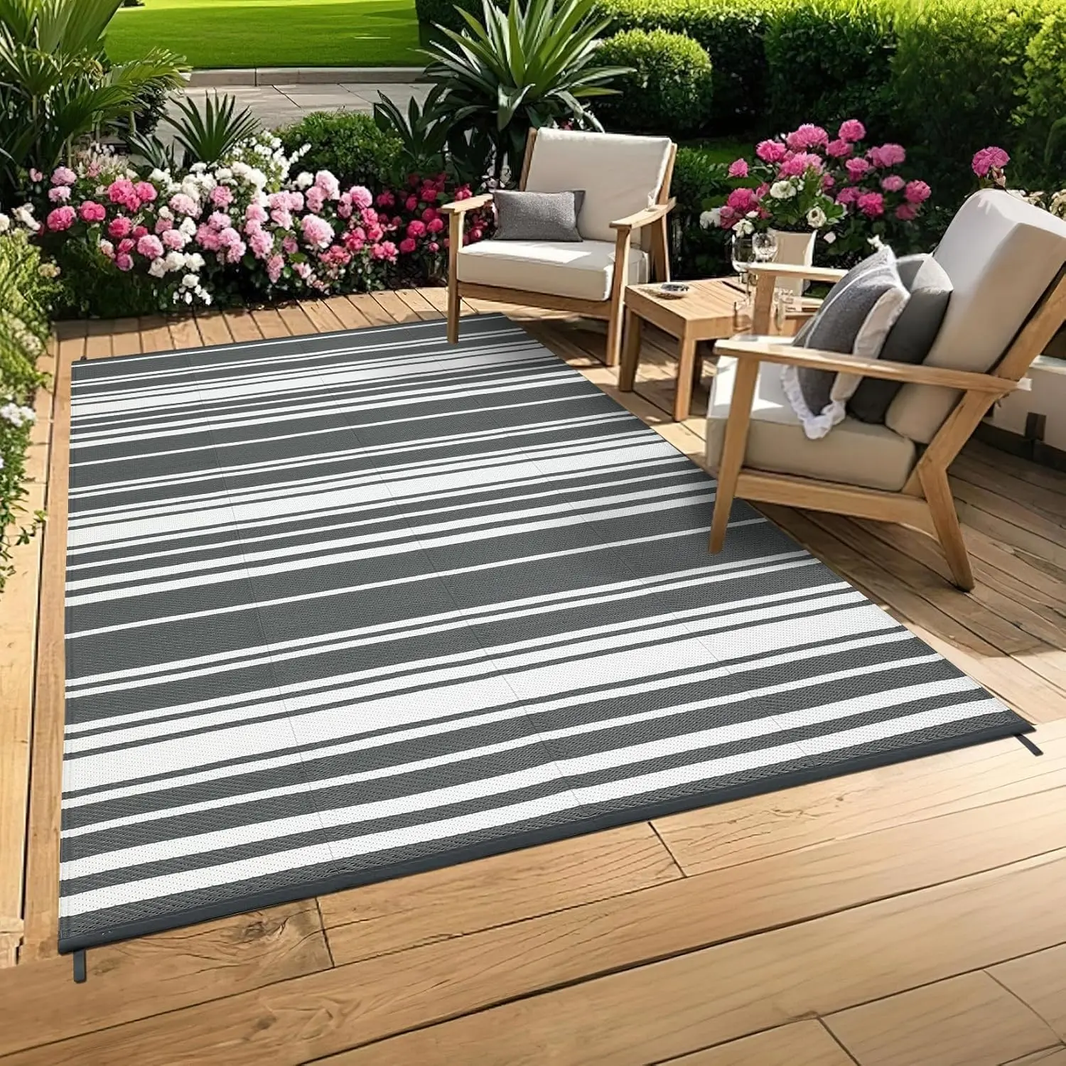 Outdoor Rugs 9x12 Waterproof Reversible Plastic Straw Patio Rugs, Stain-Resistant Camping Carpet, Foldable Contemporary Outside Floor Mats for RV Porch Deck Balcony Beach, Grey